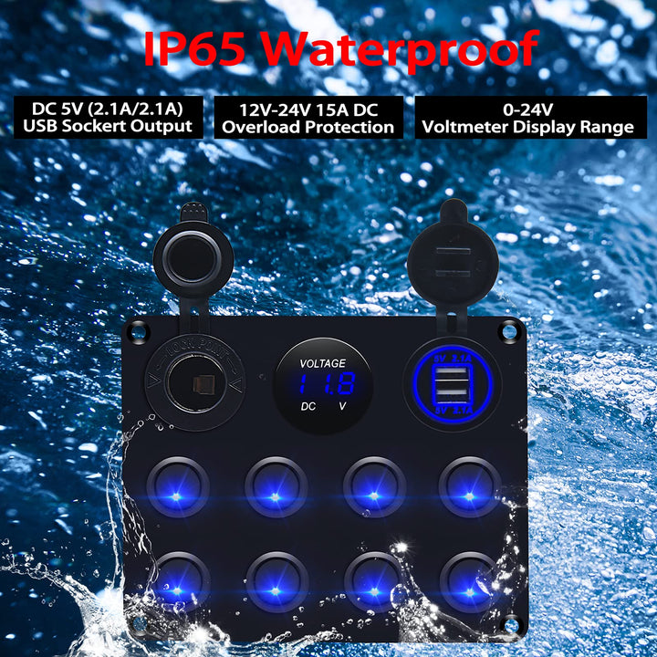12v 8 Gang Waterproof Toggle Switch Panel, KAOLALI Marine Ignition Rocker Switch Panel USB ON-Off Toggle Switch Multi-Functions Panel for RV Car Boat Vehicle (Blue LED)