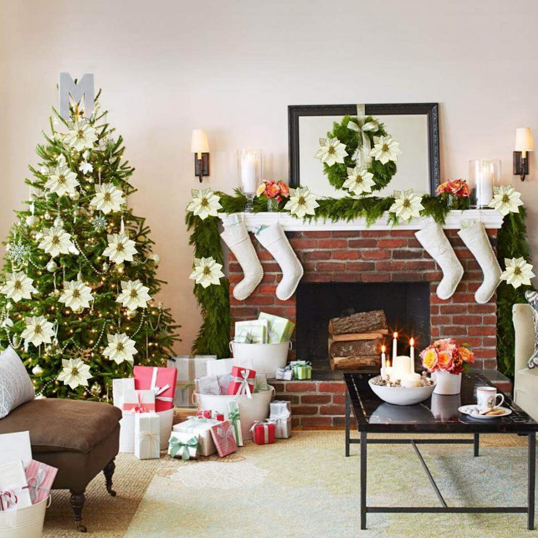 24 Pack 5.5 Inch Christmas Glitter Poinsettia Artificial Silk Flowers Picks Christmas Tree Ornaments for Gold Christmas Tree Wreaths Garland Holiday Decoration (Gold)