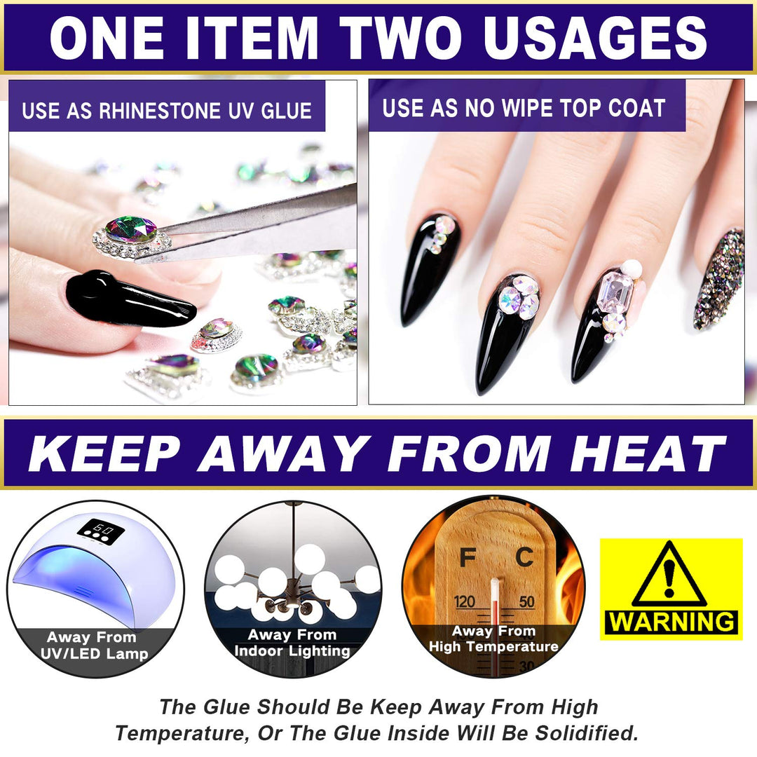 Nail Art 15ml NO WIPE Rhinestone Glue Gel Kit(LED Light Cure Needed) Adhesive Resin Gem Stone Jewelry Beads Diamond Gel Nail Polish Clear Decoration With Nail Rhinestones(Crystal+Acrylic+Rivet)+tools