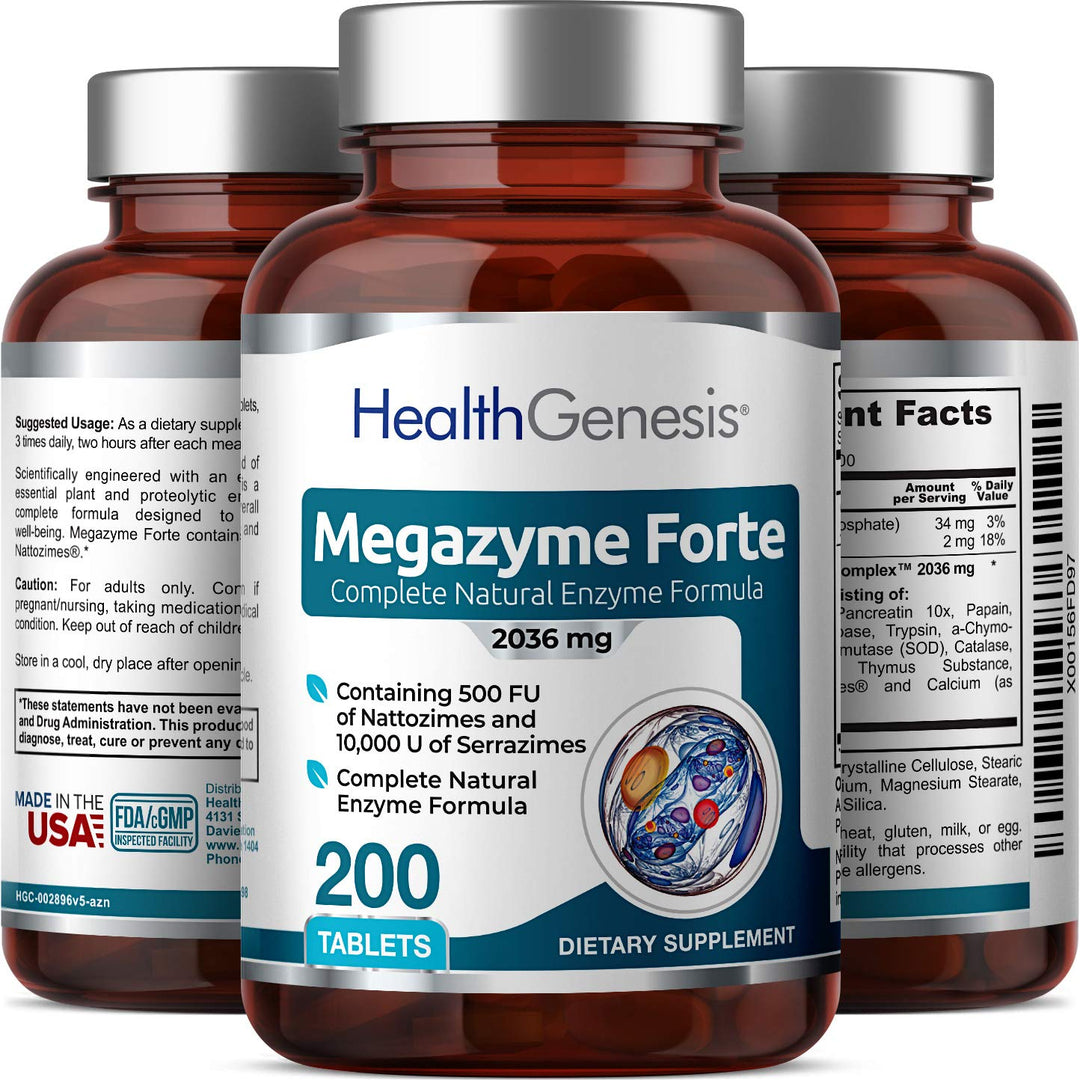 Megazyme Forte 200 Tablets - Natural Plant Proteolytic Enzymes Nattozimes Serrazimes Supports Digestive System Immune Health