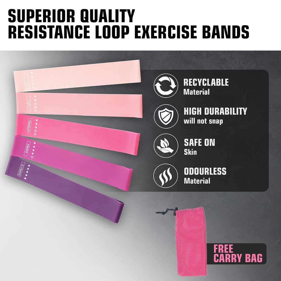 Mini Loop Resistance Bands,5 Different Levels Exercise Bands,Perform Better , for Home or Gym Workouts with Instruction Guide and Carry Bag