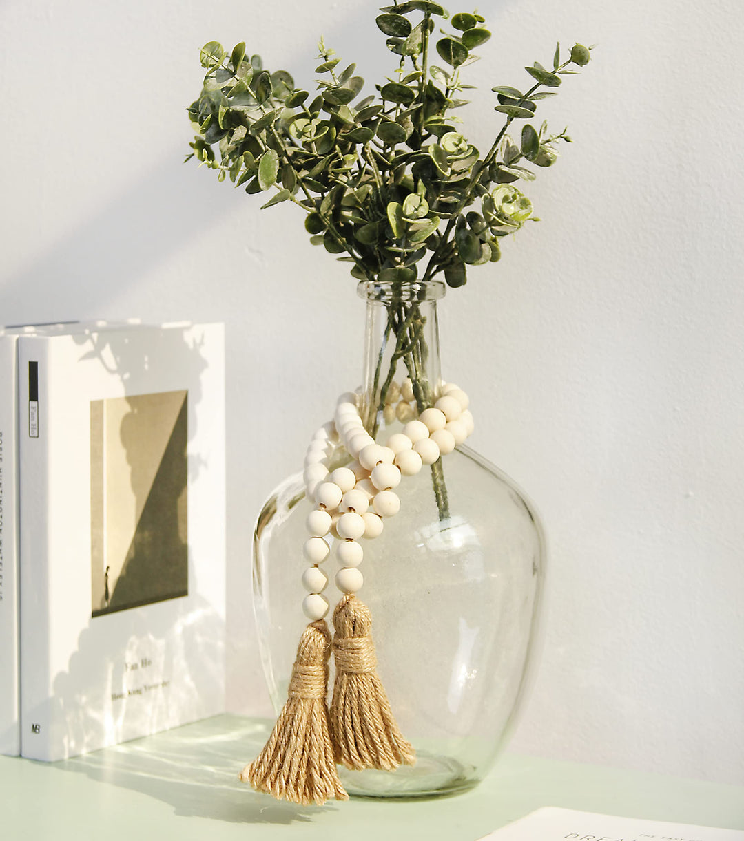 39in Wood Bead Garland Farmhouse with Tassels,Versatile Prayer Beads Boho Chic Wall Hanging Home Decor(Natural)