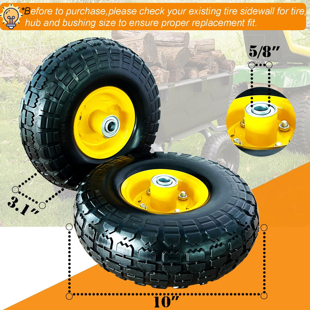 4.10/3.50-4 Tire and Wheel Flat Free,10 Solid Tire Wheel with 5/8 Bearings,2.1Offset Hub,for Garden Carts/Dolly/Trolley/Dump Cart/Hand Truck/Wheelbarrow/Garden Wagon (2 Pack)