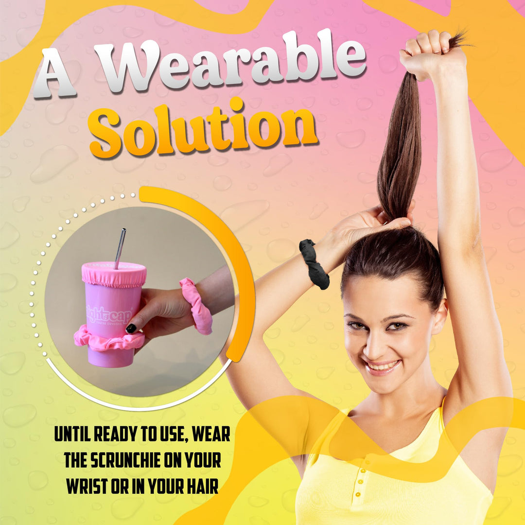 The Original Drink Cover Scrunchie – As Seen On Shark Tank And TikTok - Reusable - Wear On Wrist Or In Hair, Prevent Drink Spiking - Sanitary Pocket Keeps Cover Clean – Black
