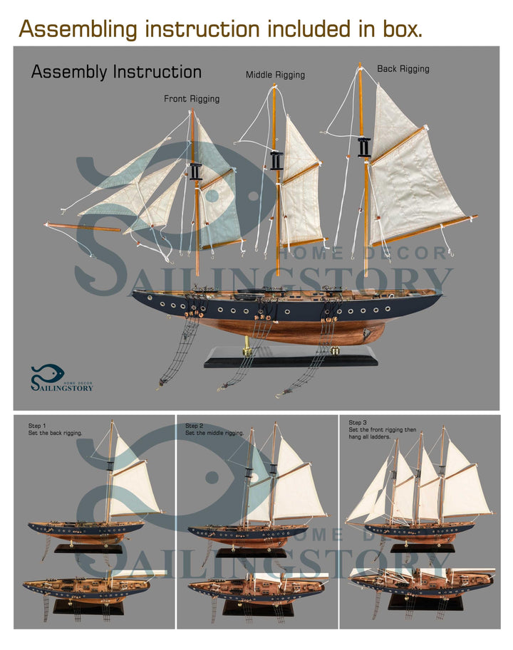 SAILINGSTORY 30 Wooden Sailboat Model Ship Sailboat Decor Schooner Atlantic 1:50 Scale Replica Navy and Walnut Antique Finish