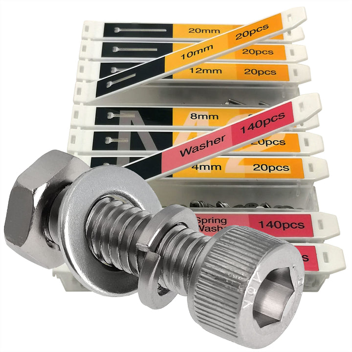 M2 540pcs Hex Socket Head Cap Screws Nuts Bolts Kit Stainless Steel M2 x 4 6 8 10 12 16 20 mm Screws Assortment Set with Assorted Washer Spring Washer and Nuts, Individual Slots and lids