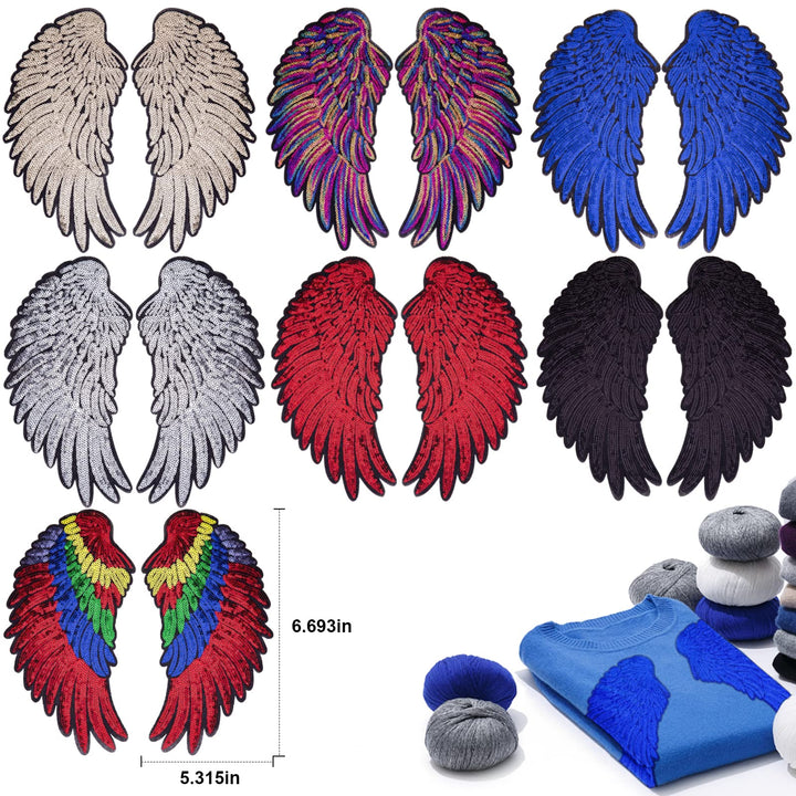 7 Pair of Wings Sequins Angel Wings Iron On Patch DIY Embroidered Applique Bling Wings for Jackets Cloth or Bag Decoration