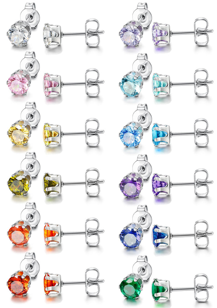 12 Pairs Stainless Steel Brilliant Cut Round Cubic Zirconia Birthstone Stud Earrings for Women 5mm