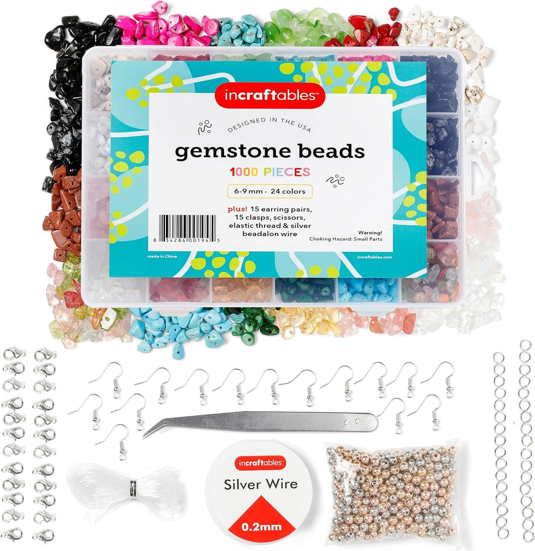 1000pcs Chip Crystal Beads (24 Colors Gemstones). Best Rock Beads for Jewelry Making, Rings &amp; DIY Crafts. Bulk Natural Stone Chip Beads w/Spacer Bead, Earrings &amp; Bracelet Wire (6-9 mm)