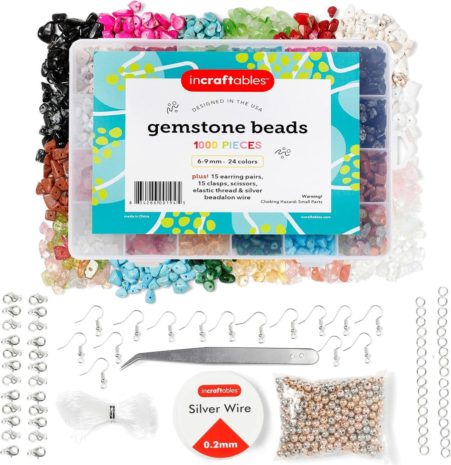 1000pcs Chip Crystal Beads (24 Colors Gemstones). Best Rock Beads for Jewelry Making, Rings & DIY Crafts. Bulk Natural Stone Chip Beads w/Spacer Bead, Earrings & Bracelet Wire (6-9 mm)