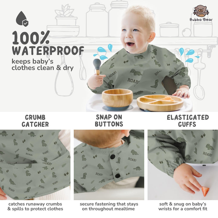 Bubba Bear Baby Bib with Sleeves, Long Sleeve Toddler Feeding Apron Bibs for Eating & Lead Weaning, Mess Proof Full Sleeved