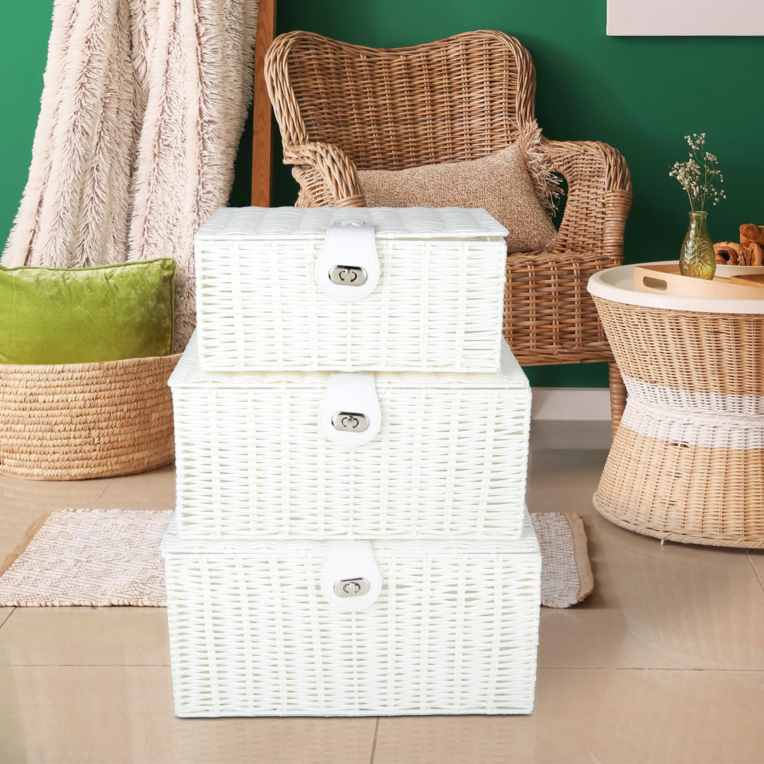 White Wicker Storage Baskets - Set of 3 Decorative Nesting Boxes with Lids, Woven Basket with Lock &amp; Handle, Organizer for Beauty Makeup Bathroom Decor