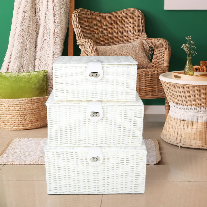 White Wicker Storage Baskets - Set of 3 Decorative Nesting Boxes with Lids, Woven Basket with Lock &amp; Handle, Organizer for Beauty Makeup Bathroom Decor