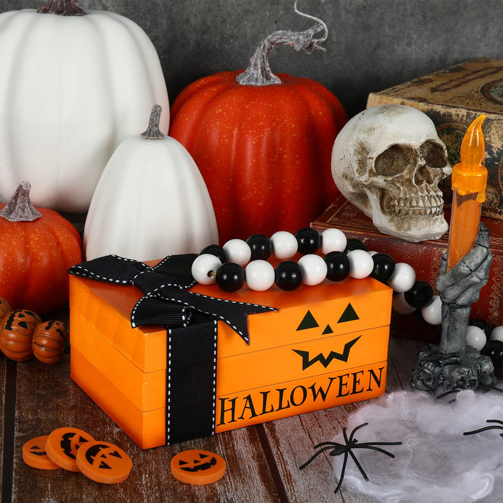 Halloween Wooden Book Stack Pumpkin Wooden Block Signs with Bead Ornament Halloween Wooden Faux Books Tiered Tray Decor for Home Kitchen Shelf Tabletop Display Halloween Party Decorations