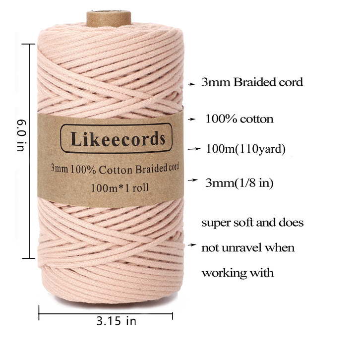 Braided Cotton Cord 3mm×109 Yards Natural Macrame Cotto