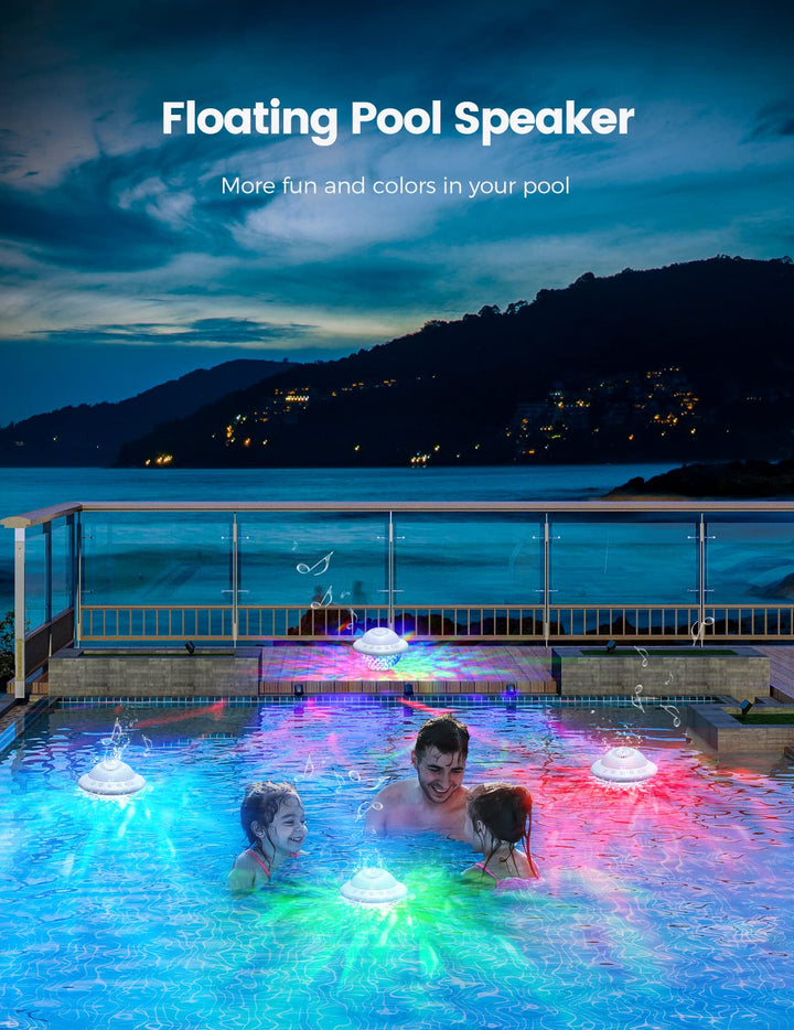 Floating Pool Speakers with Colorful LED Lights, IPX7 Waterproof Hot Tub Bluetooth Speaker, 10W Stereo Loud Sound, Built-in Mic, Portable Wireless Speakers for Shower Bathtub Beach Outdoor Swim-White