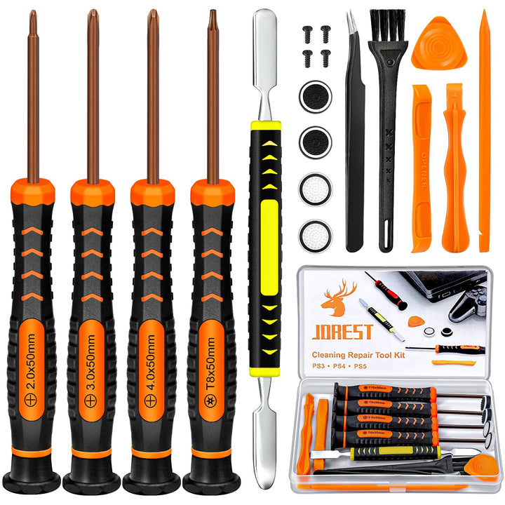 JOREST Cleaning Repair Tool Kit for PS3 PS4 PS5, with PH00 PH0 PH1 and T8 Torx Security Screwdriver, Crowbars, Tweezers, Brush, Grip Caps, Screws, Accessories for PS3/4/5 Controller and Console