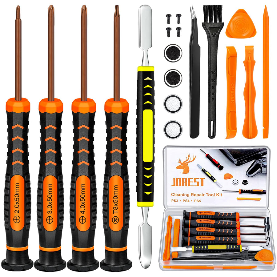 JOREST Cleaning Repair Tool Kit for PS3 PS4 PS5, with PH00 PH0 PH1 and T8 Torx Security Screwdriver, Crowbars, Tweezers, Brush, Grip Caps, Screws, Accessories for PS3/4/5 Controller and Console