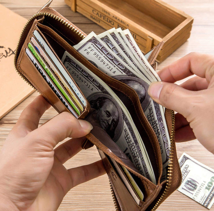 Men’s Genuine Leather Wallet,RFID Blocking Zip Around Bifold Multi Purse Cowhide Leather Vintage Secure Card Holder with ID Window (Brown)