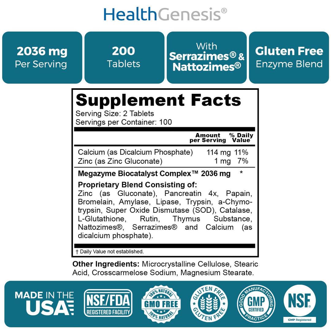 Megazyme Forte 200 Tablets - Natural Plant Proteolytic Enzymes Nattozimes Serrazimes Supports Digestive System Immune Health