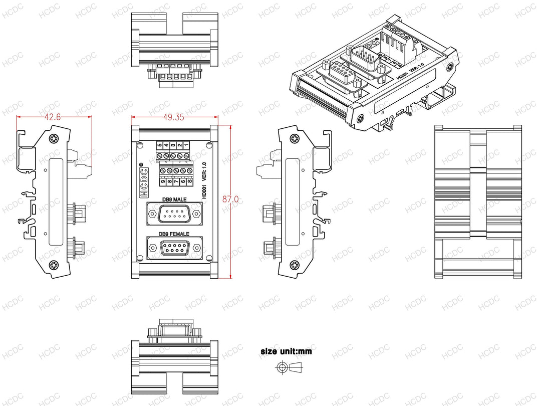 DIN Rail Mount D-SUB Male-Female Interface Module Terminal Block Breakout Board (DB37)