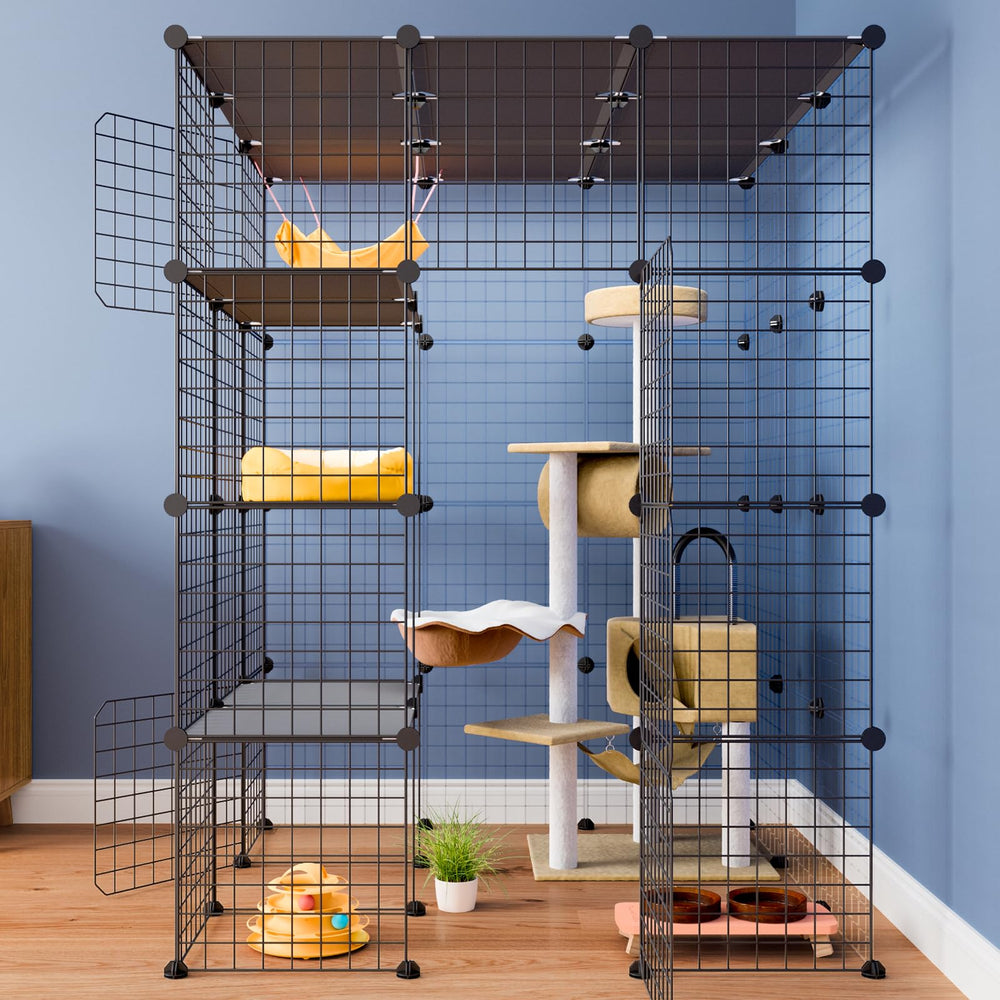 Large Cat Cage, Enclosures Indoor with Balcony, DIY Playpen Detachable Metal Wire Kennels Crate 3x3x4 Large Exercise Place Ideal for 1-3 Cats