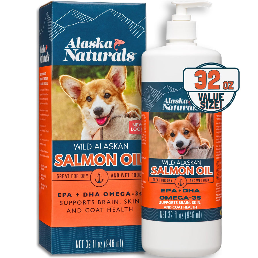 Wild Alaskan Salmon Fish Oil Supplement for Dogs Skin and Coat with EPA DHA Omega 3 Fatty Acids Liquid Food Topper 32 oz. Pump
