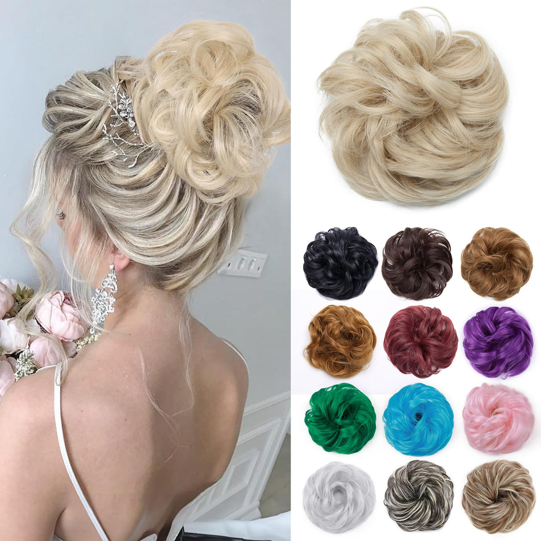 Hair Bun Hairpiece Scrunchy Updo Hair Pieces Fluffy Scrunchies Donut Top Knot Hairpiece Synthetic Curly Wavy Messy Chignons with Elastic Rubber Band Hickory Brown-Thicker 1pc 35g