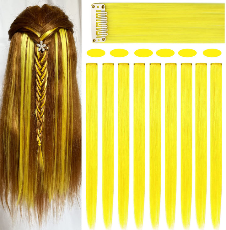 9PCS Princess Party Highlight Yellow Hairpieces Colored Hair Extensions Clip in/On for Girls and Dolls Kids Wig Pieces (Yellow)