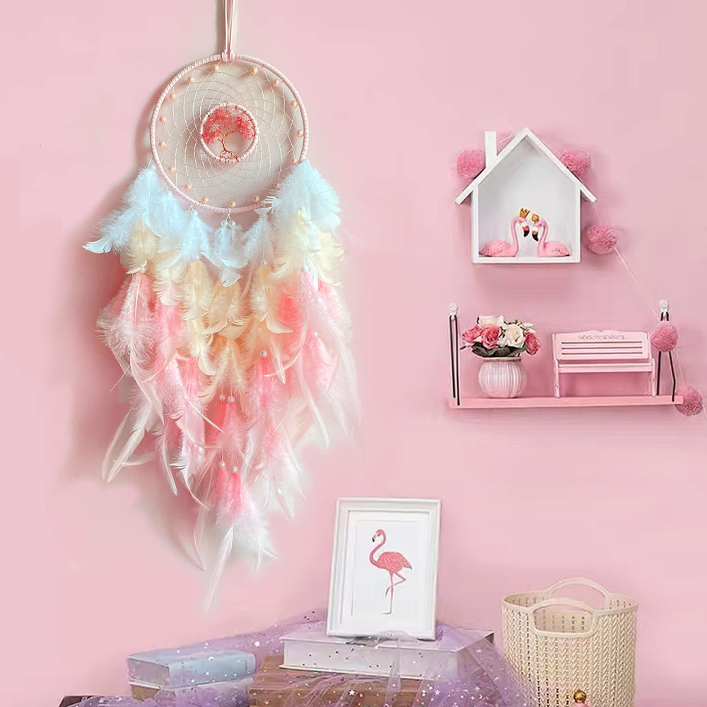 Handmade Feather Dream Catcher,Dreamlike Tree of Life Dream Catcher Wall Decor with Healing Crystal Stone,Perfect Handmade Home Décor,Girls Bedroom Living Room Wedding Party Home Decor- 25.6 Length