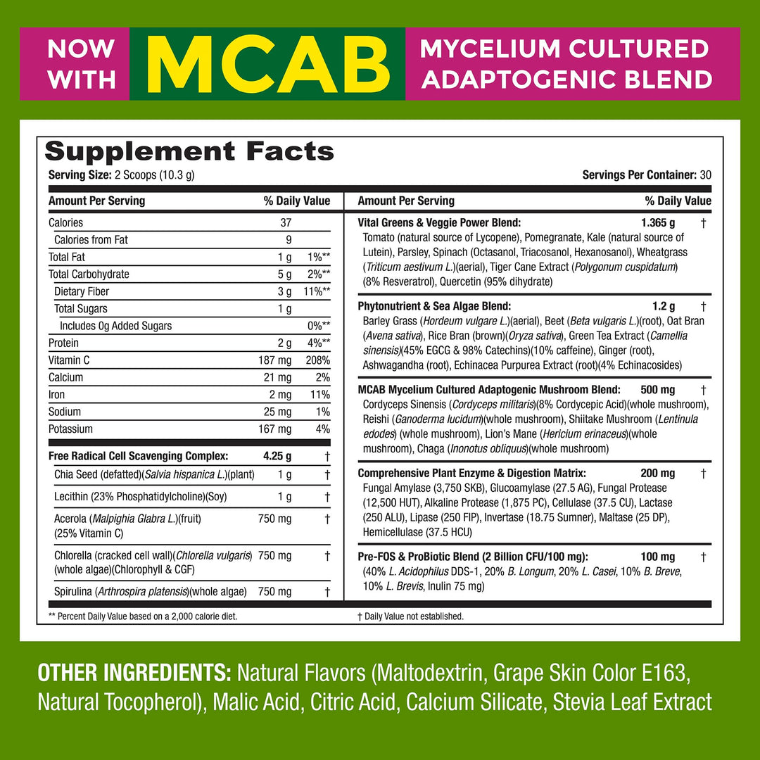 Nutrition’s Green Supreme Fusion Blend Antioxidant: Super Greens Smoothie Mix with Spirulina, Chlorella, Adaptogenic Mushrooms, 30 Servings