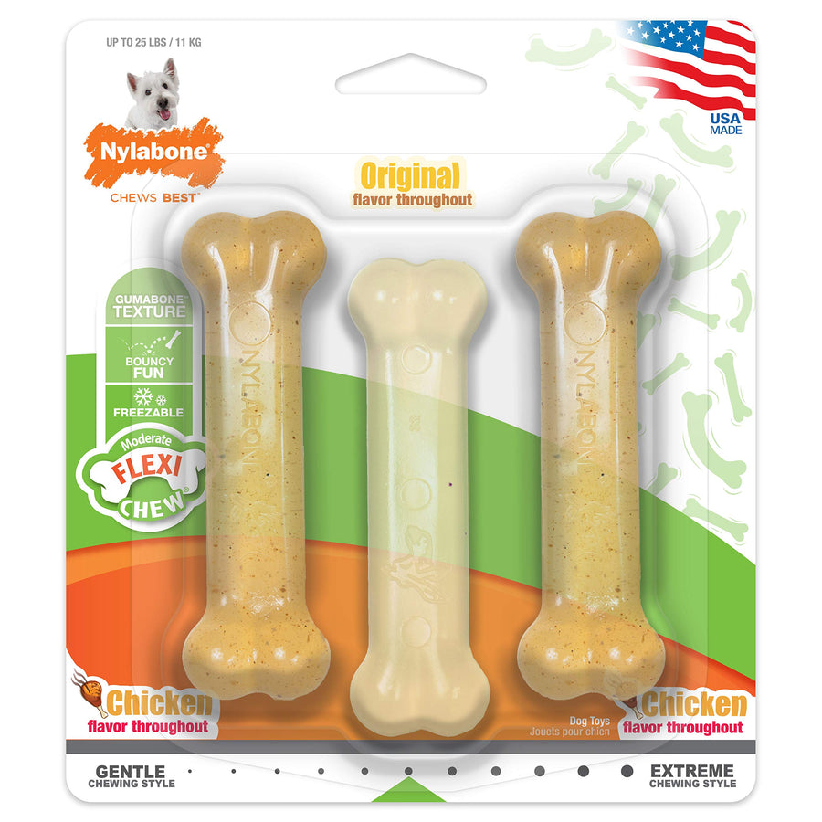 Original Bone Flexi Chew toy for Dogs, Dog Toys for Moderate Chewers, Chicken Flavor, Small - Up to 25 Ibs, 3 Pack