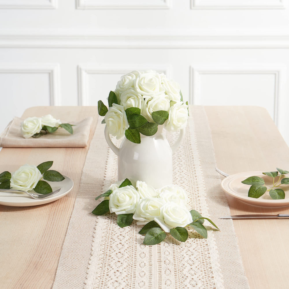 Cream White Foam Rose Artificial Flowers Heads with Stems, 25pcs Fake Flowers for DIY Wedding Decor, Baby Shower, Bridal Shower, Wedding Bouquet,Party Centerpiece Table Decorations