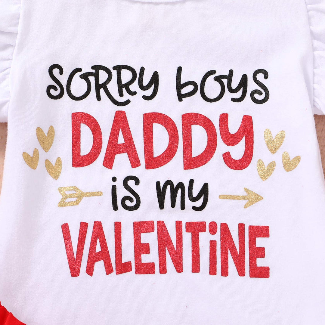 Newborn Baby Girls Skirt Outfits My First Valentine&#39;s Day Print Ruffle Romper+Tutu Dress+Leg Warmers+Headband 4Pcs Clothes Set (White-Daddy is my valentine, 0-3 months)