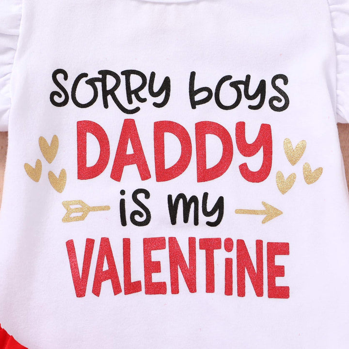 Newborn Baby Girls Skirt Outfits My First Valentine&#39;s Day Print Ruffle Romper+Tutu Dress+Leg Warmers+Headband 4Pcs Clothes Set (White-Daddy is my valentine, 0-3 months)