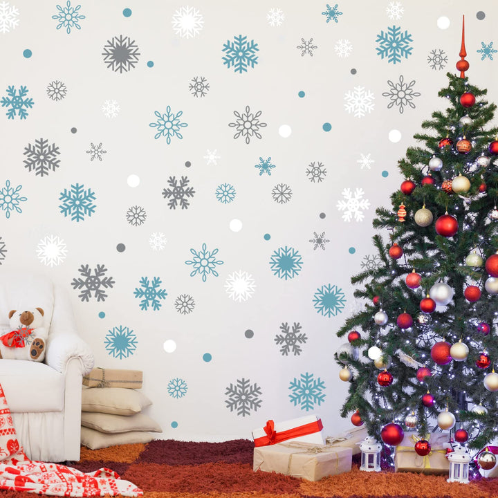 249 Pcs/ 6 Sheets Christmas Snowflakes Wall Decals Snowflake Wall Christmas Winter Silver and Blue Wall Decals Removable Home Decor for Christmas Party(Blue, Grey, White)