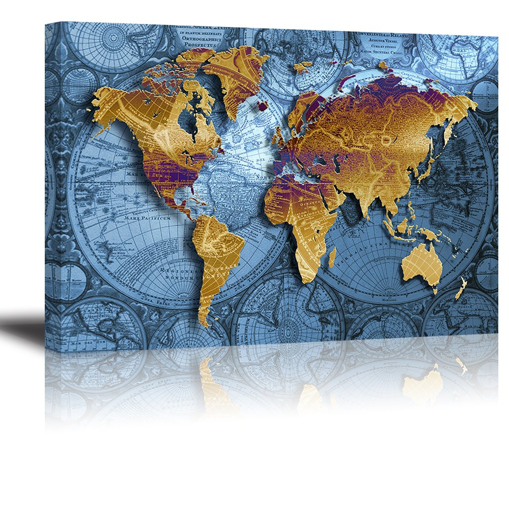 World Map Wall Art for Living Room, PIY Old Nautical Canvas Prints Decor, Retro Painting Home Decorations (Large, 1 Thick Frame, Waterproof Artwork, Bracket Mounted Ready to Hang)