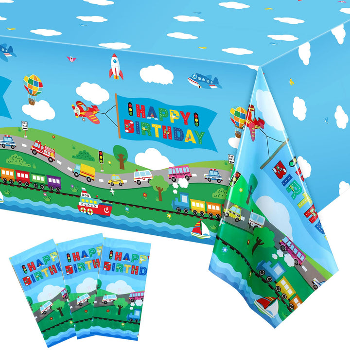 3 Pack Transportation Birthday Party Supplies Transportation Table Covers Cars Tablecloth Vehicle Transportation Birthday Decorations for Kids Birthday Baby Shower Party, 54 x 108 Inch