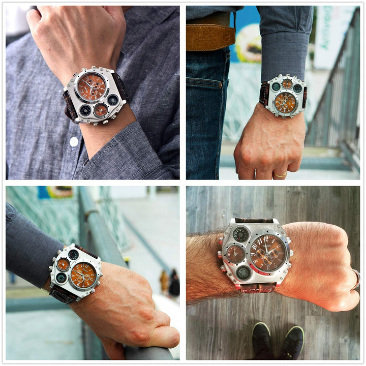 Mens Big Face Watch, Dual Time Zone Leather Strap Sport Watch, Analog Quartz Wrist Watch with Decorative Compass Thermometer Dial