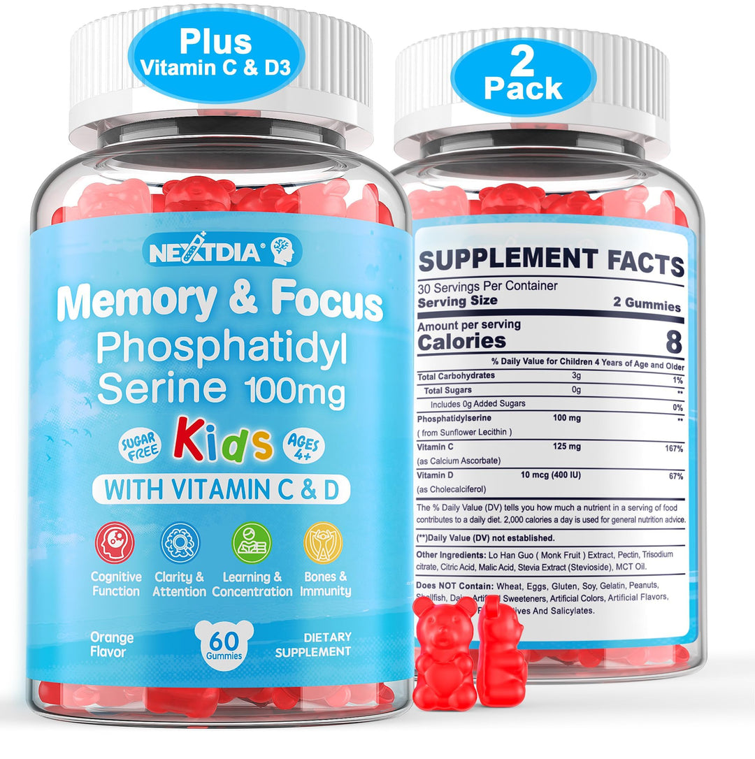 Phosphatidylserine Supplement 100mg, Focus Gummies for Kids Teens + Vitamin C &amp; D3 400IU, Sugar Free Kids Brain Gummies Increase Attention &amp; Concentration, Chewable, Vegan, Gluten Free, Non-GMO 2 Pack