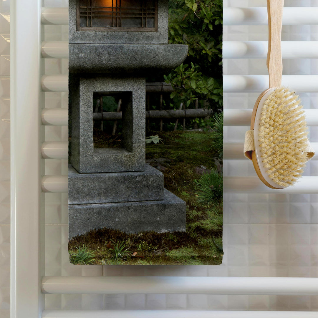 Stone Lantern in Portland Japanese Garden, USA US38 WSU0159 William Sutton Towel, 15 x 22