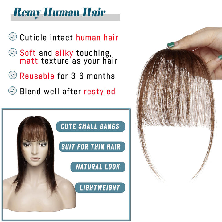 S-noilite Clip in Bangs Human Hair Thin Air Bangs Extension with Temples 1 Clip One Piece Clip on Bangs Hairpieces Soft Remy Hair For Women Girls (Medium Brown)
