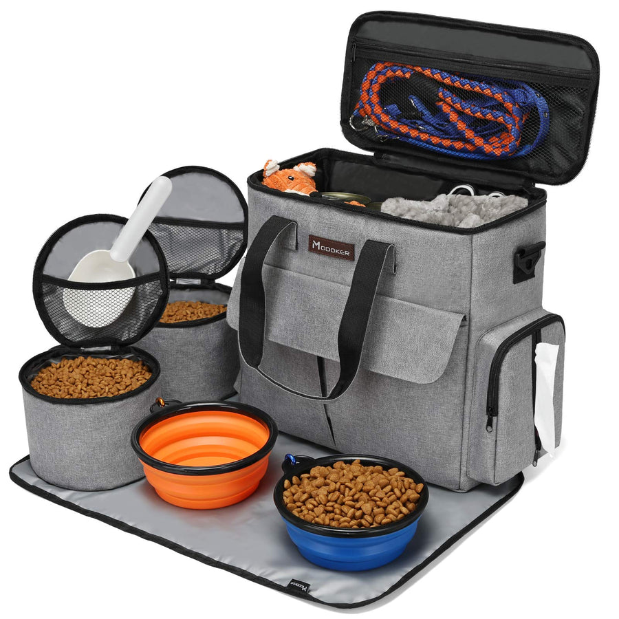 Dog Travel Bag, Weekend Pet Travel Set for Dog and Cat, Airline Approved Tote Organizer with Multi-Function Pockets, 2 Food Storage Containers, 2 Collapsible Bowls, 1 Feeding Mat (Grey)