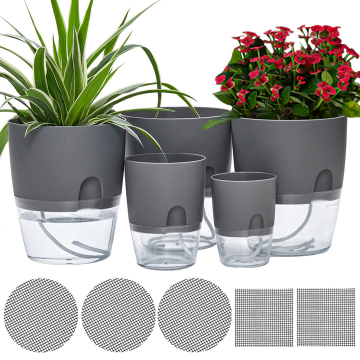 6/4.1/3.2 Inch Self Watering Planter Pots, 5 Pack African Violet Pots for Indoor Outdoor Windowsill Gardens, Self Aerating, High Drainage, Deep Reservoir(Gray)