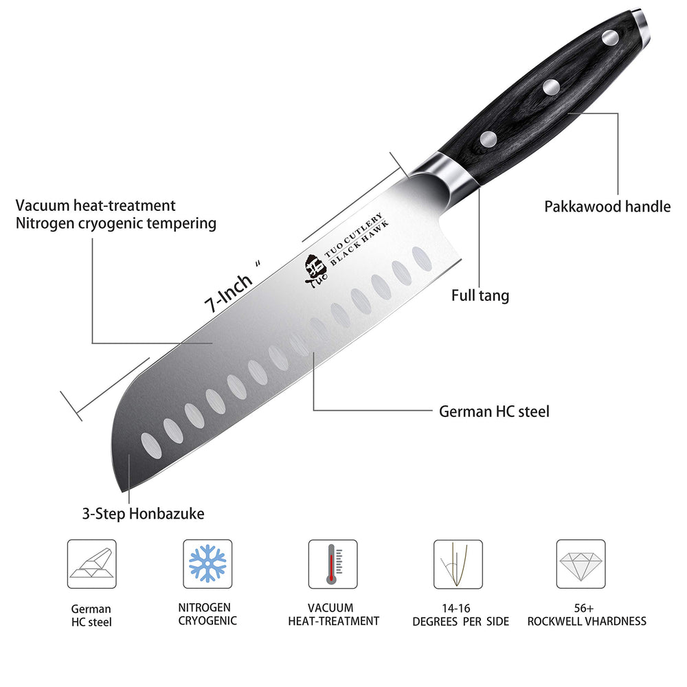 Santoku Knife-7 inch Santoku Chef Knife Kitchen Knives Ultra Sharp Asian Knife Japanese Chefs Knives - German HC Steel - Full Tang Pakkawood Handle - BLACK HAWK SERIES with Gift Box
