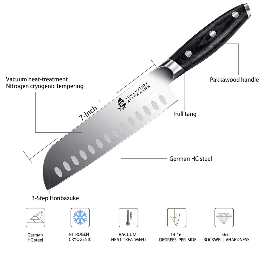 Santoku Knife-7 inch Santoku Chef Knife Kitchen Knives Ultra Sharp Asian Knife Japanese Chefs Knives - German HC Steel - Full Tang Pakkawood Handle - BLACK HAWK SERIES with Gift Box
