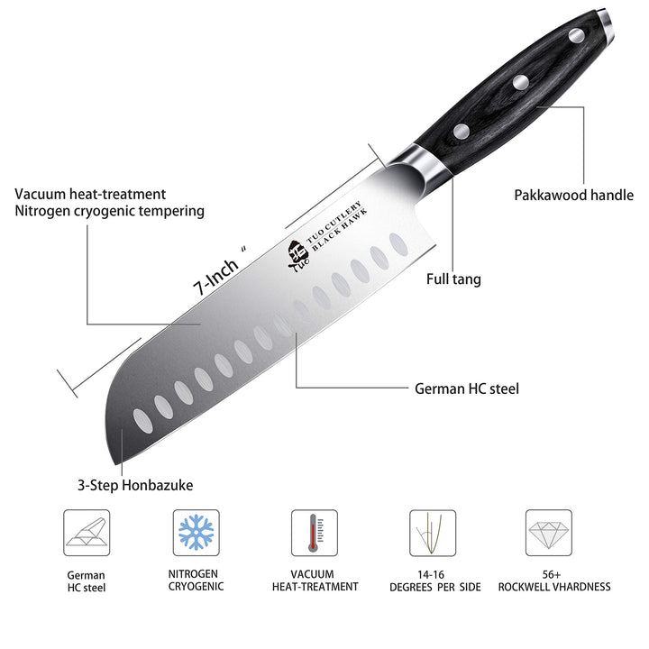 Santoku Knife-7 inch Santoku Chef Knife Kitchen Knives Ultra Sharp Asian Knife Japanese Chefs Knives - German HC Steel - Full Tang Pakkawood Handle - BLACK HAWK SERIES with Gift Box