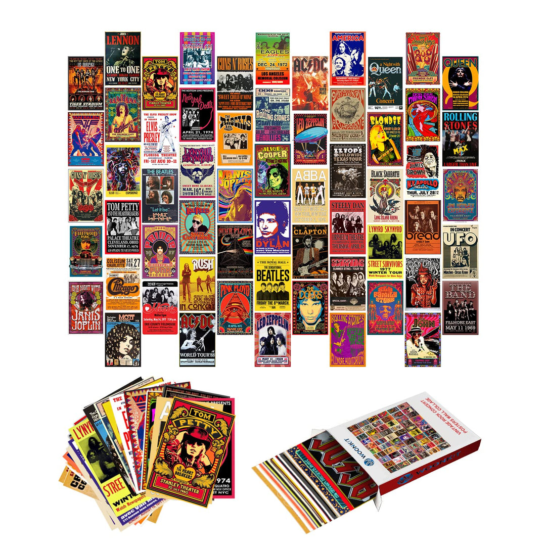 60 PC Vintage Rock Band Posters, 70s 80s 90s Retro Concert Prints, Bedroom Wall Art, Album Cover Collage, 4x6 Inch (Set of 60)