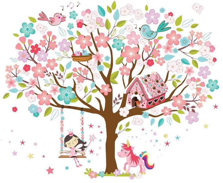 Kath &amp; Cath Unicorn Wall Decal, Pink Fairy Cherry Blossom Tree Wall Sticker for Girls Kids Bedroom Play Room Wall Mural Wall Home Decoration