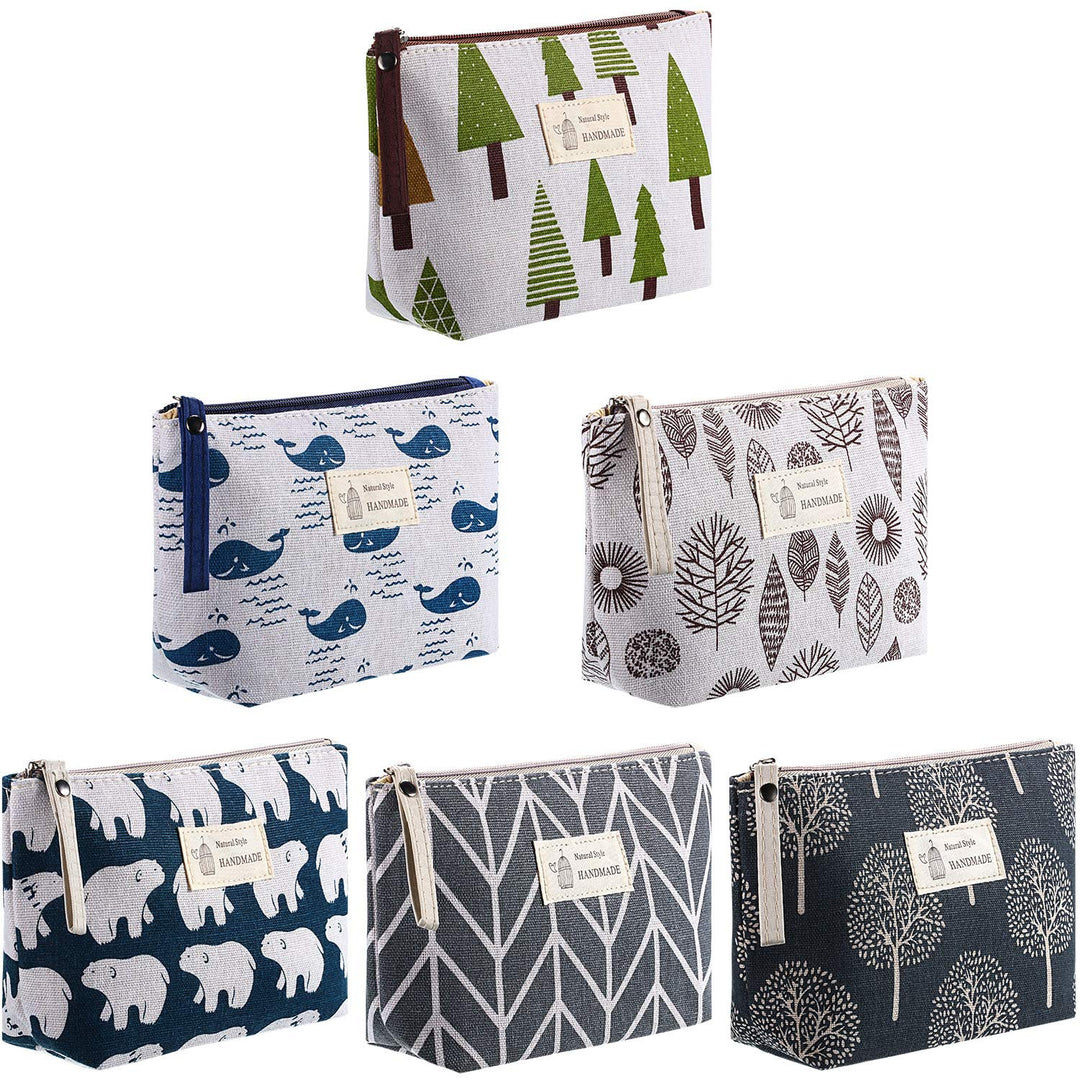 6 Pieces Canvas Cosmetic Bags Pouches for Purse with Zipper Printed Makeup Bag Multi Function Canvas Travel Pouch Organizer Pouch for Women Vacation Travel, 6 Styles(Tree Style)